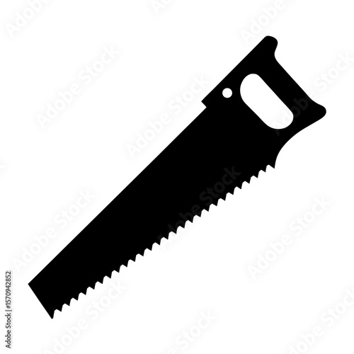 Silhouette of a hand saw with a handle and jagged blade