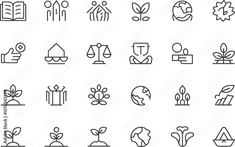 Fototapeta premium Modern minimalist vector icons: growth, sustainability, and global ethics.
