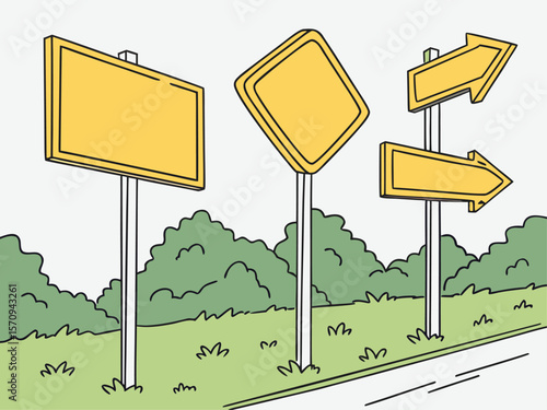 Yellow road sign with directional arrow illustration on a post against a clear sky