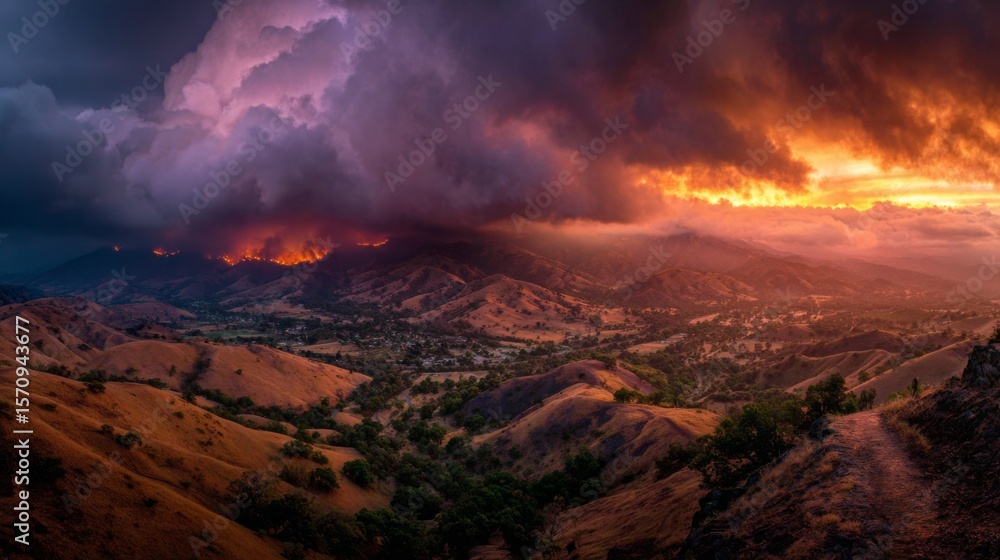 Fototapeta premium A panoramic view of a scorched landscape with wildfires raging in the distance, smoke billowing into the sky, showcasing the increasing frequency of extreme weather events