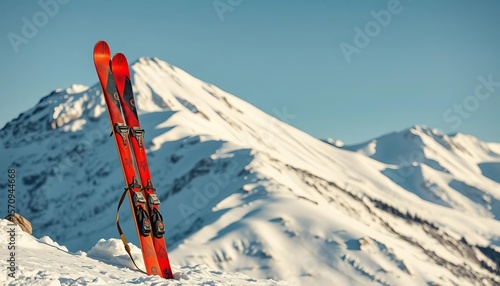Retro skis leaning against snowy mountain peak, vintage gear,   outdoors,   wooden