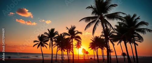 Retro sunset over palm trees on a California beach, vintage vibe,  sky,   vibrant