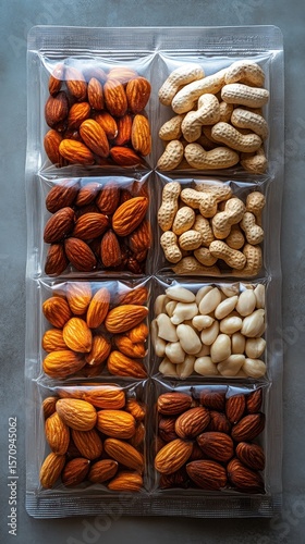 Various types of nuts packed in clear individual sealed bags