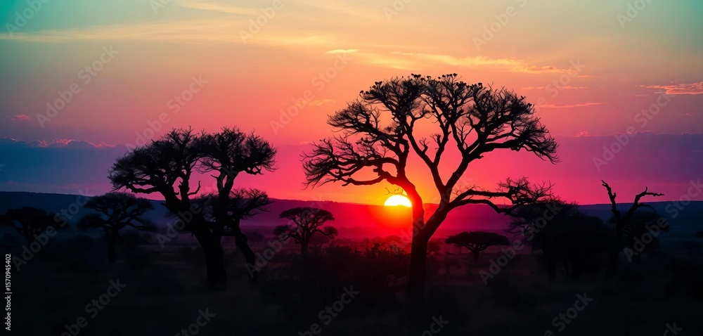 Fototapeta premium Silhouette of heart-shaped acacia trees at sunset over African savanna, beautiful, tree silhouette