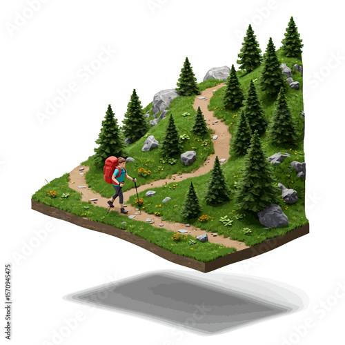 Hiking Adventure: Isometric View of a Hiker on a Mountain Trail