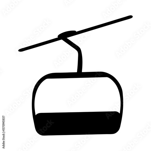Stylized black and white illustration of a gondola lift or cable car