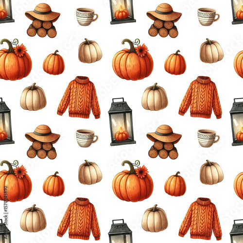 Charming watercolor style pattern with knitted sweater, pumpkins, mug, lantern and hat on a light background. Ideal for cozy fall branding, blog headers, textile or packaging design.