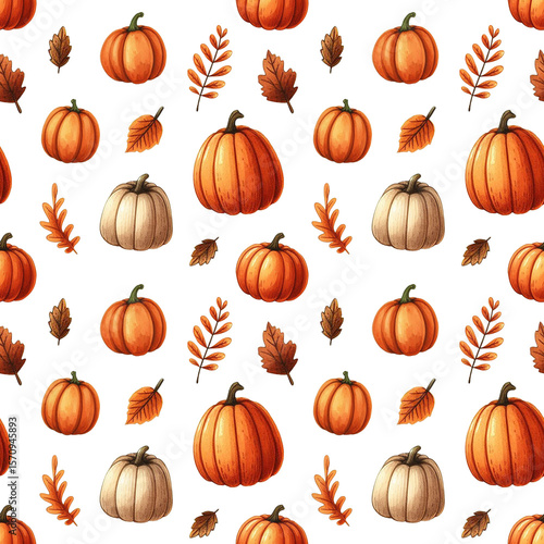 Bright seamless pattern with orange and beige pumpkins and autumn leaves on a white background. Perfect for Thanksgiving designs, fall decor, and seasonal prints.
