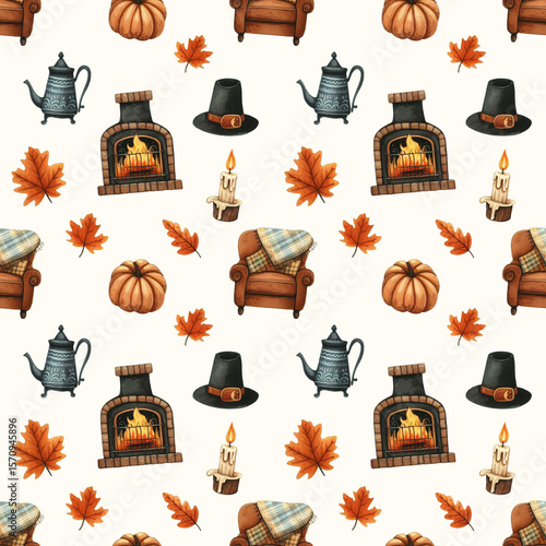 Seamless pattern with fall elements: pumpkins, cozy chair, leaves, candle, fireplace, tea pot. Light background for greeting cards, packaging, and digital scrapbooking.