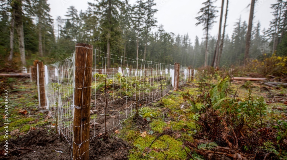 Fototapeta premium A reforested area with tall, sturdy trees standing next to smaller, freshly planted ones, showing the progression of forest regeneration