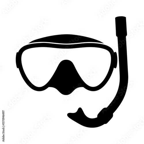 A simple black silhouette of a snorkel mask on a white background