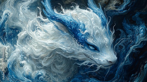 Mythical white dragon, intense gaze, dark background, digital art