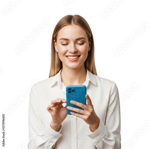 Smiling woman using smartphone isolated on transparent background