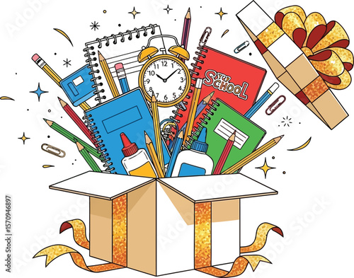 Back to school supplies in a box, school stationery, notebooks, pencils, alarm clock, school gift box