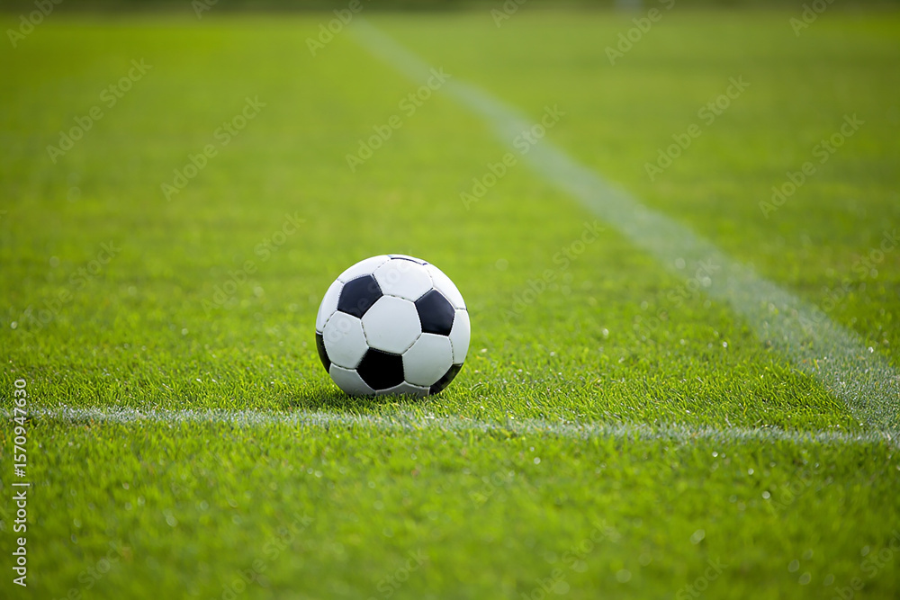 Soccer ball resting on green grass near a white line Soccer ball resting on green grass near a white line