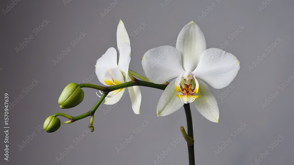 Fototapeta premium Elegant white orchid blossoms with delicate details against a serene gray background.