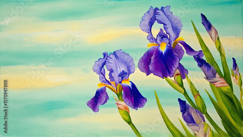 A beautiful painting of purple irises with yellow accents against a soft, dreamy background of blue and yellow.