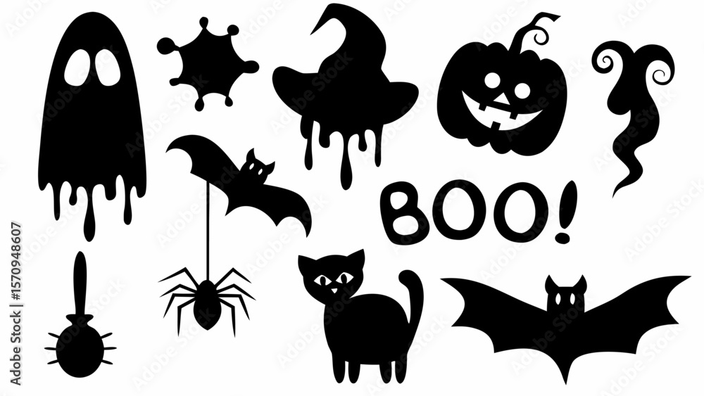 Black Halloween vector set with cartoon cat, bat, ghost, and pumpkin silhouette icons for autumn holiday design illustrations Black Halloween vector set with cartoon cat, bat, ghost, and pumpkin silhouette icons for autumn holiday design illustrations