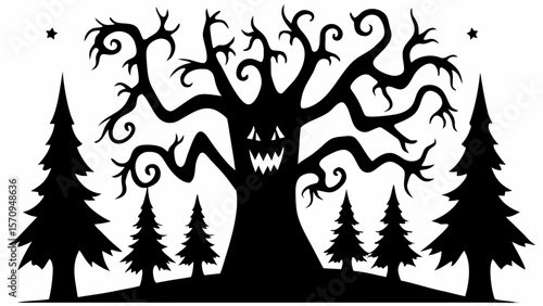 Spooky Halloween tree silhouette vector illustration with animal and people design