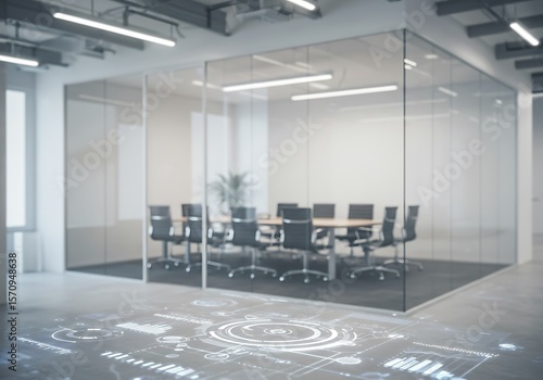 Modern blurred office interior with glass meeting room and digital data overlay on the floor, representing futuristic corporate technology, innovation, and workspace analytics.	