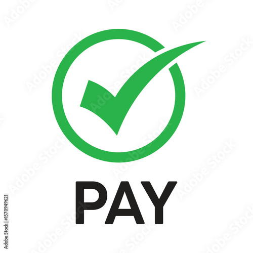 Flat design of a green circle with a white checkmark and bold "PAY" text below. Minimalist, vibrant style indicating approval, confirmation, or successful payment.
