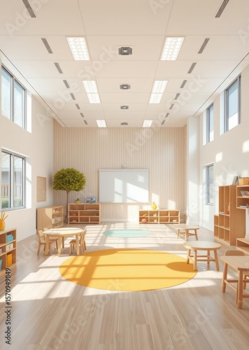 Modern daycare empty nursery or preschool spacious interiors classroom by ai generated Empty room interior design architecture blank design room