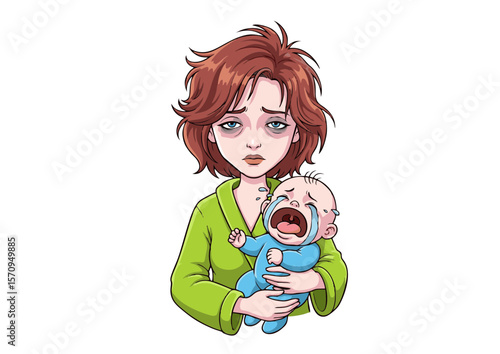 Exhausted Mother Holding Crying Baby Cartoon Illustration with Red Hair and Green Robe.