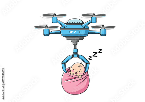 Cartoon Drone Carrying Sleeping Baby in Pink Swaddling Clothes.
