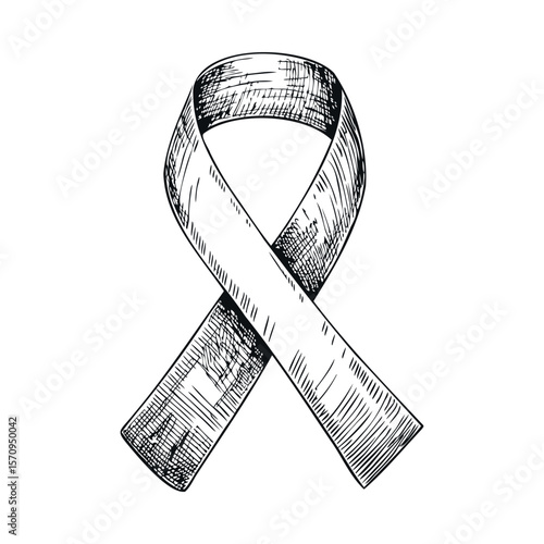 A hand-drawn illustration of a white awareness ribbon. The ribbon is depicted in a simple, sketch-like style, emphasizing its shape and folds.