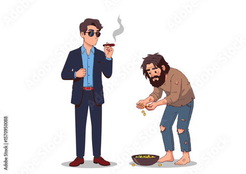 Cartoon of a Rich Man Smoking a Cigar and a Poor Man Counting Coins.