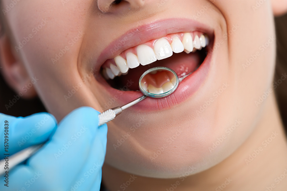 Obraz premium Dentist examining a woman s healthy white teeth with a mirror