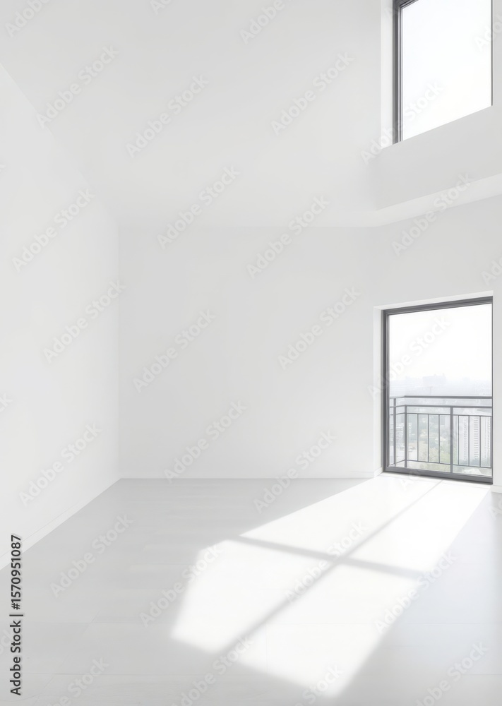 Fototapeta premium Spacious empty room featuring a large window and minimalist white walls in apartment design Empty room interior design architecture blank design room