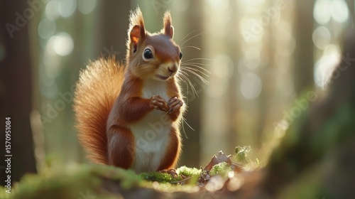Funny red squirrel standing in the forest, playfully observing the surroundings