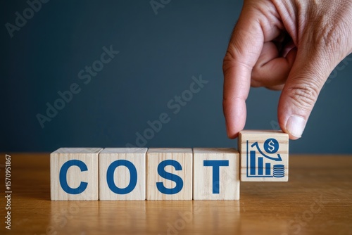 Hand places a wooden block with a downward trending cost graph and dollar symbol next to blocks spelling cost
