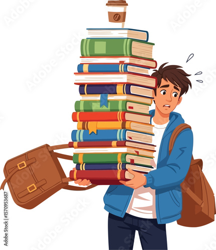 Student overwhelmed with books and coffee, college stress and heavy workload, academic burden illustration