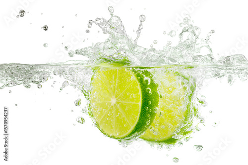 Two fresh lime slices splash upon hitting the water isolated on white background