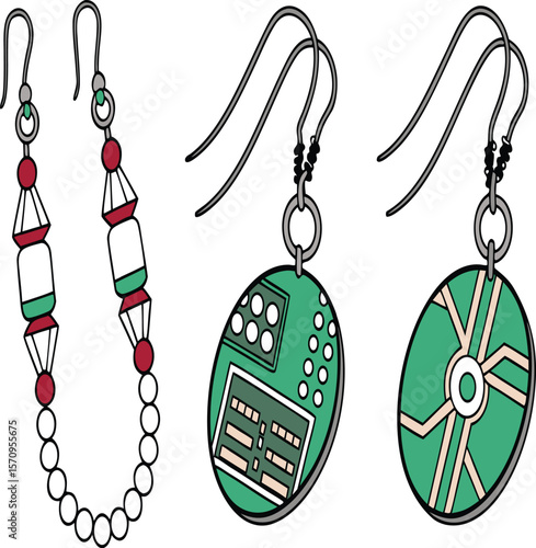 Illustration of three distinct pairs of earrings with varying designs and color schemes shown clearly