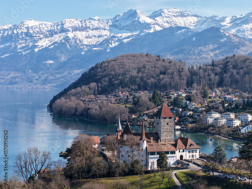 Wallpaper Mural Drone view at the fort of Spiez on lake Thun in Switzerland Torontodigital.ca