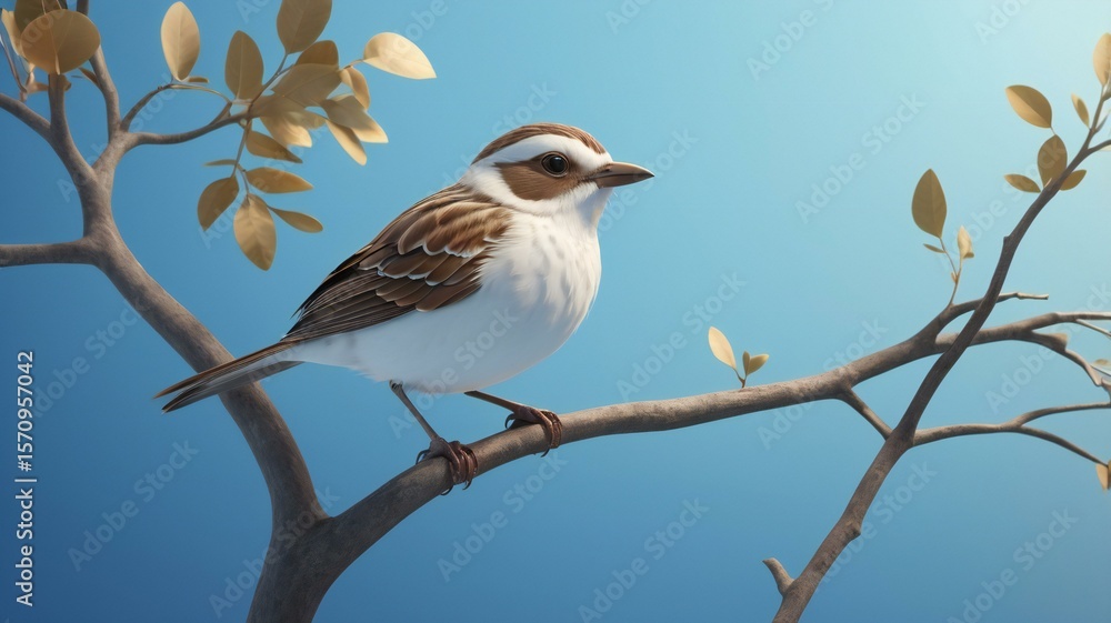 Perched Brown and White Bird on Golden Leafy Branch Against Blue Sky — Peaceful Wildlife and Nature Photography Perched Brown and White Bird on Golden Leafy Branch Against Blue Sky — Peaceful Wildlife and Nature Photography