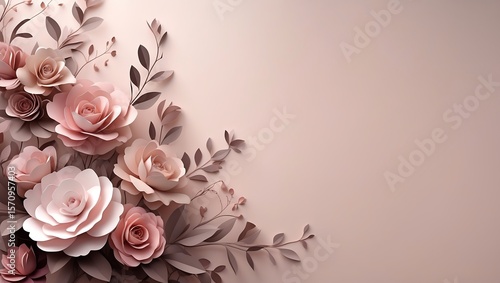 Delicate blush pink paper roses and leaves arranged in a corner on a soft neutral background