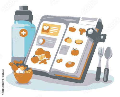Healthy Meal Planning with Recipe Book and Nutrition Tools in Cartoon Style