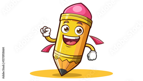 A cheerful yellow pencil with smiling eyes and shiny pink eraser stands proudly, ready to write. Its wooden body gleams under the light, perfect for any school cartoon scene. White background