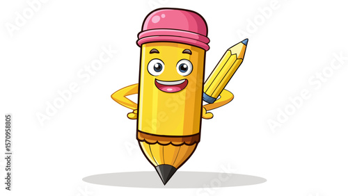 A cheerful yellow pencil with smiling eyes and shiny pink eraser stands proudly, ready to write. Its wooden body gleams under the light, perfect for any school cartoon scene. White background