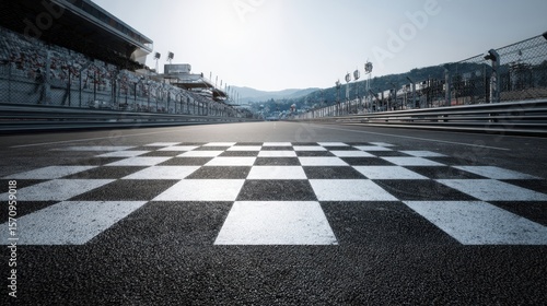 The checkered finish line at a motorsport race track under clear skies.