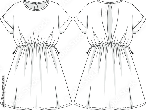 Women's Casual Flowy Mini Dress with Elastic Waist and Short Sleeves, Front and Back Views - Comfortable and Stylish Apparel Flat Sketch