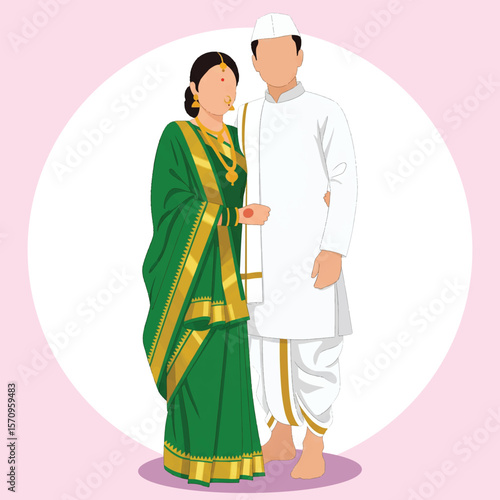 Traditional Maharashtrian Couple Illustration Woman in Green Nauvari Saree and Man in White Dhoti