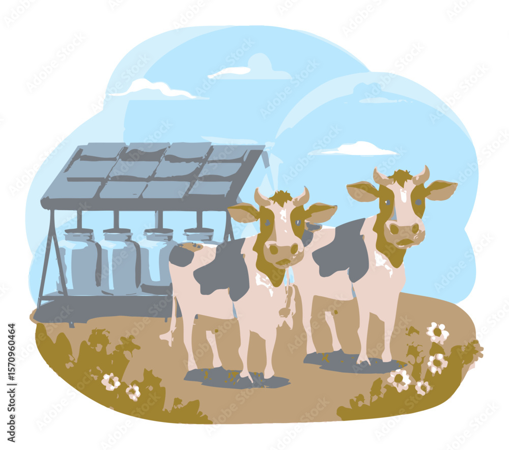 Naklejka premium Cartoon Cows Near Milking Station with Solar Panels and Sky Background