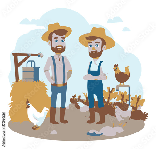 Cartoon Illustration of Farmers in a Barnyard with Livestock and Produce