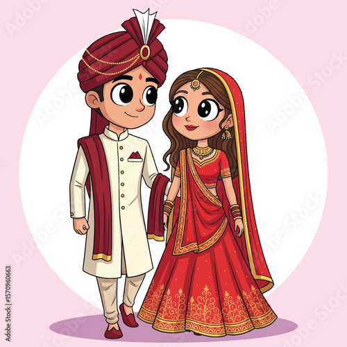 Adorable Indian Wedding Couple Cartoon Bride in Red Lehenga and Groom in Sherwani with Pagdi Illus