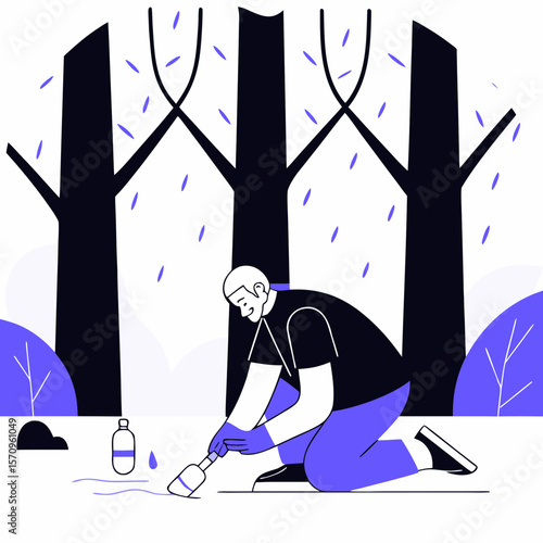 Man collecting plastic bottle in forest with stylized trees